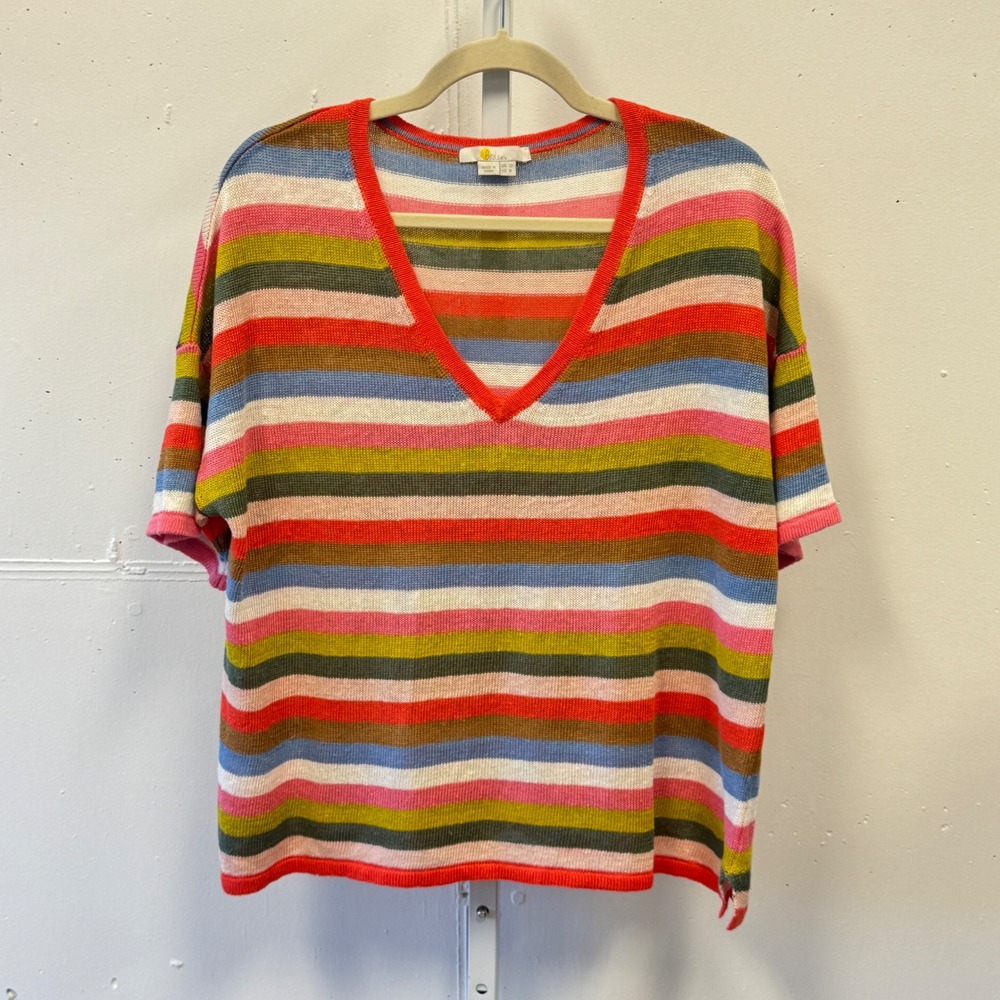 Boden Womens Multi Color Striped 100% Linen V-Neck Knit Top K0591 US‎ 8 Boho
